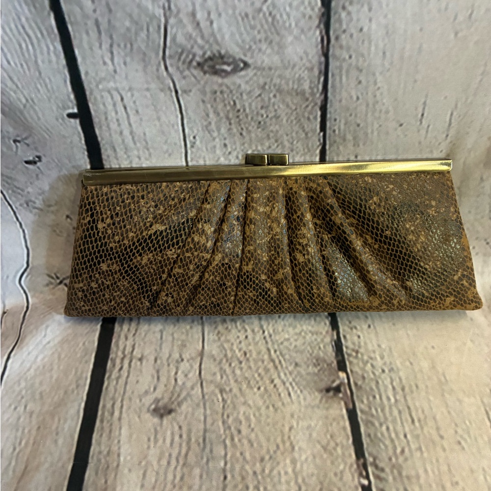 Maximalist Mob Wife Glam Rouched Faux Suede Snake Print Clutch Purse‎ Brown Gold